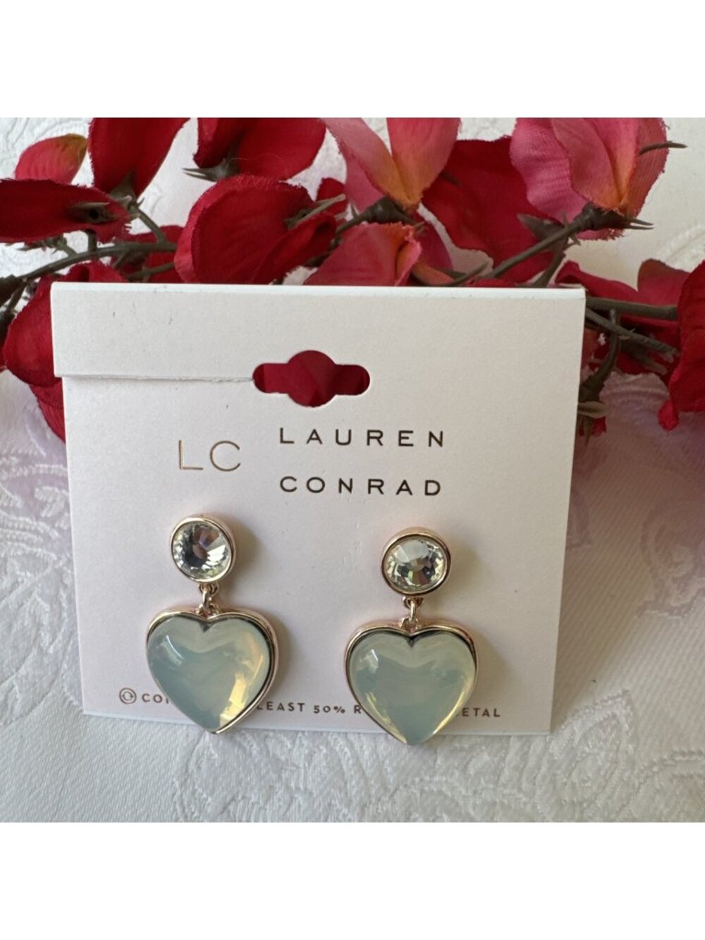 LC Lauren Conrad Earrings Blue Heart Stone Goldtone Dangle Drop Dainty 1" NEW